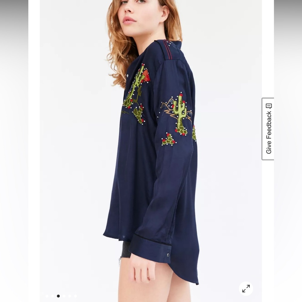 BDG Cowgirl satin Navy Embroidered western Women's Top urban outfitters - Picture 4 of 9